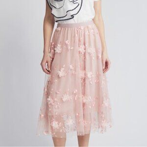 Romantic Fairy Pink Floral Appliqué Chiffon Midi Skirt Size Small NWOT